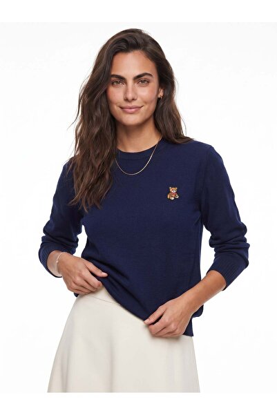 Juuuj Navy Blue Acrylic Fabric Crew Neck Long Sleeve Teddy Embroidered Basic ...