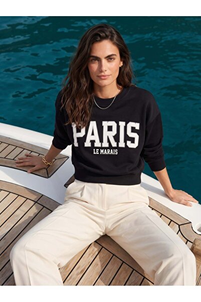 Juuuj Hanorac negru din bumbac, cu guler tip crewneck, cu umeri căzuți, cu im...