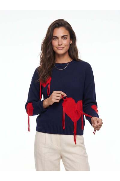 Juuuj Navy Blue Acrylic Textured Crew Neck Drop Shoulder Knitted Sweater with...