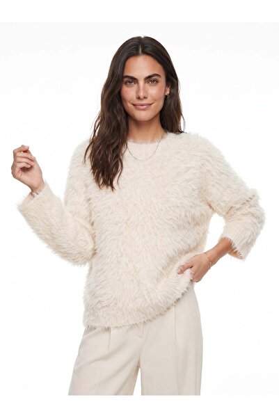 Juuuj Cream Acrylic Fabric Crew Neck Long Sleeve Oversize Soft Fuzzy Textured...