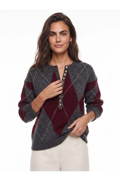 Juuuj Anthracite Claret Red Stretchy Knitwear Fabric Basic Form Knitwear Swea...