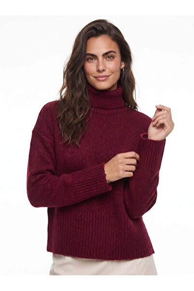 Juuuj Burgundy Acrylic Blended Flexible Textured Turtleneck Drop Shoulder Sta...
