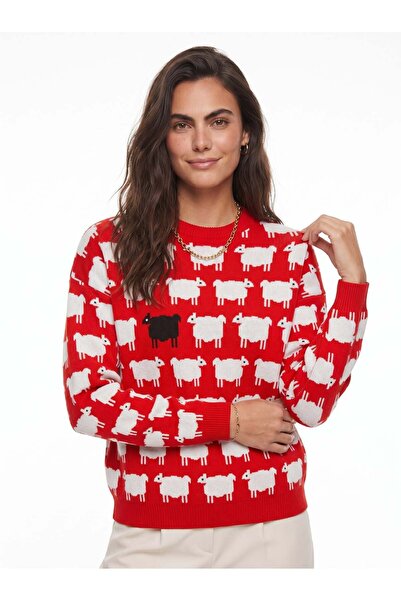 Juuuj Red and White Acrylic Fabric Crew Neck Standard Fit Sheep Pattern Knitt...