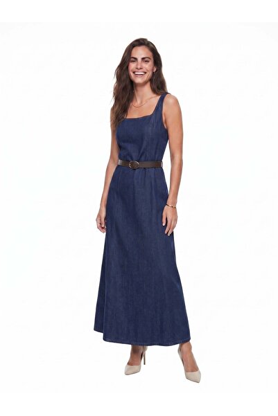 Juuuj Navy Blue Cotton Denim Wide Collar Thick Strap Relaxed Cut Flared Dress...