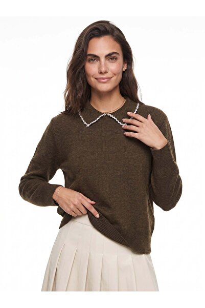 Juuuj Bitter Brown Soft Knitwear Fabric Baby Collar Lace Detailed Long Sleeve...