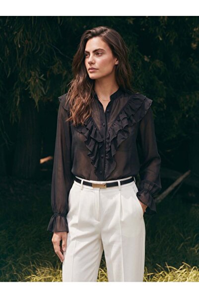 Juuuj Black Transparent Chiffon Fabric High Collar Buttoned Front Design Flow...