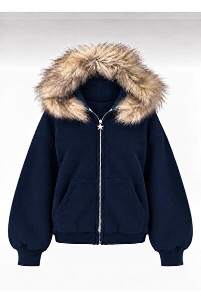 nathia outdoors Kapüşonlu Kürk Detaylı Basic Vorteks Kadın Hırka
