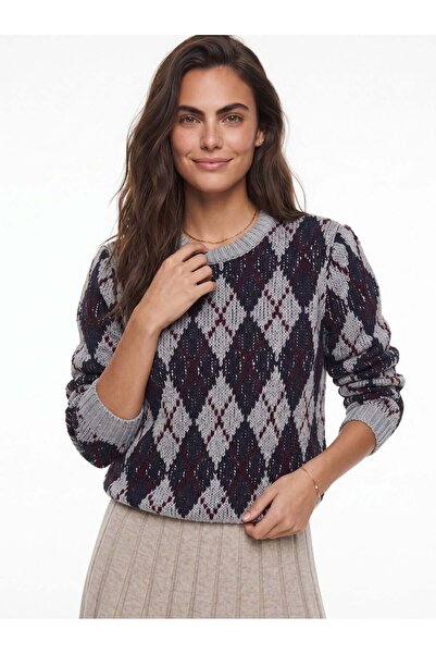 Juuuj Gray Cotton Viscose Blend Crew Neck Diamond Patterned Standard Fit Knit...