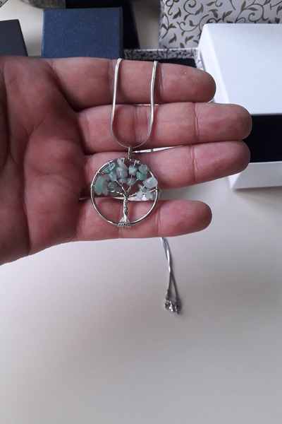 emirOmade Jade Natural Stone Tree of Life Necklace 45cm Steel Chain with 3X3.5Cm Jade Natural Stone Tree of Life Pendant Gift Necklace