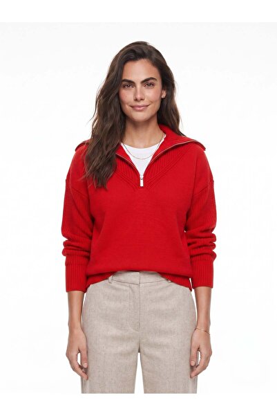 Juuuj Red Acrylic Textured Turtleneck Zipper Detailed Standard Fit Knitted Lo...