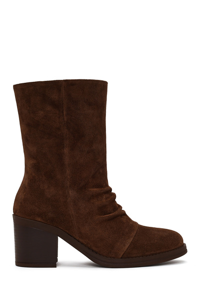 Derimod Women's Brown Thick Heeled Suede Leather Boots Wf180031Ds