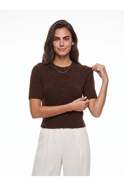 Juuuj Bitter Brown Wool Blend Flexible Textured Crew Neck Short Sleeve Basic ...