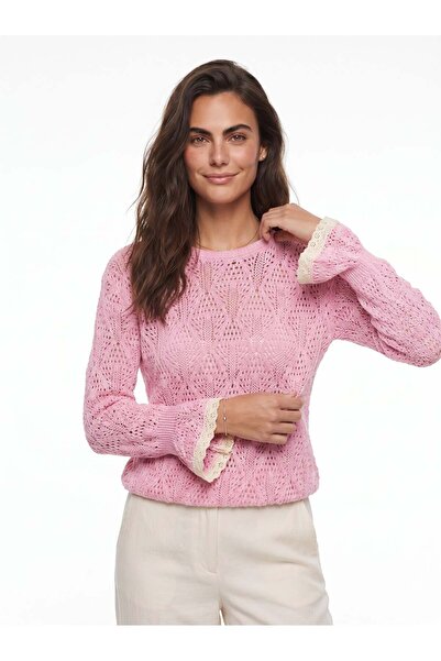 Juuuj Pink Cotton Openwork Knit Crew Neck Flowy Cut Flounce Sleeves Patterned...