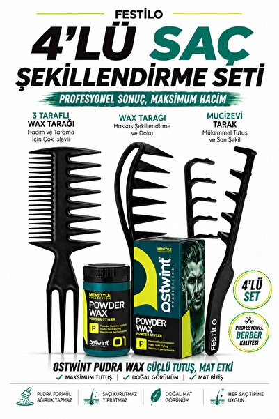 FESTİLO 4'lü Saç Şekillendirme Seti 20 gr Pudra Wax + 3'lü Saç Tarağı Erkek S...