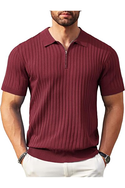 GENERAL Knitted Polo Collar T-Shirt Short Sleeve Zipper Casual Style Men's Go...