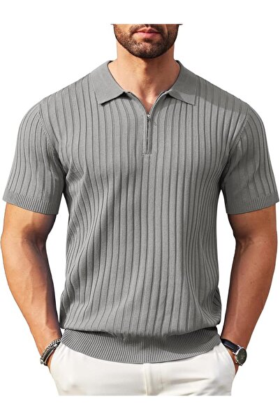 GENERAL Knitted Polo Collar T-Shirt Short Sleeve Zipper Casual Style Men's Go...