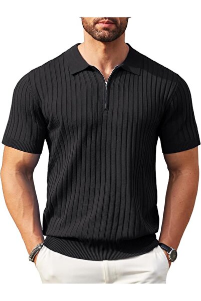 GENERAL Knitted Polo Collar T-Shirt Short Sleeve Zipper Casual Style Men's Go...
