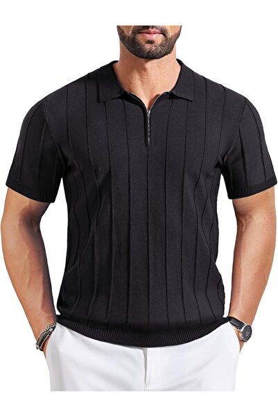 GENERAL Knitted Polo Collar T-Shirt Short Sleeve Zipper Casual Style Men's Go...
