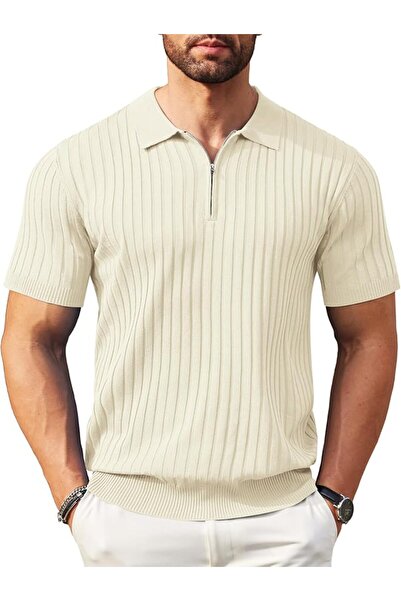 GENERAL Knitted Polo Collar T-Shirt Short Sleeve Zipper Casual Style Men's Go...