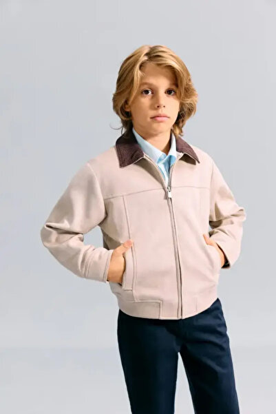 DeFacto School Windproof Contrast Shirt Collar Zipper Closure Suede Look Jack...