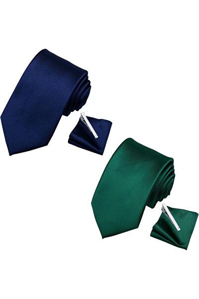 Generic Men's Necktie and Pocket Square Set, 146 x 7.5 cm, Navy Blue and Gree...