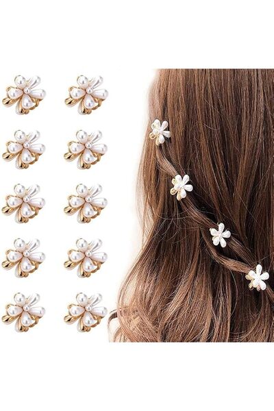 ALMEKAQUZ 10 Pcs Small Mini Pearl Claw Clips with Flower Design, Sweet Artifi...