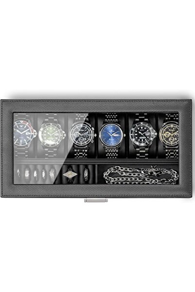 VLANDO Watch Box for Men, 6 Slots with Removable Jewelry Tray, Black