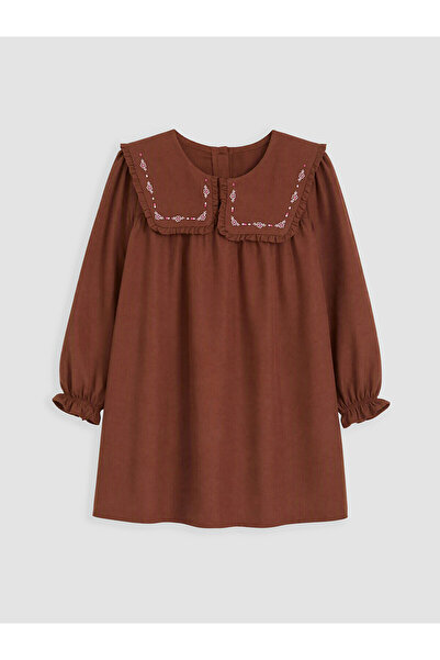 LC Waikiki Lcw Kids Brown Gabardine Embroidered Girls' Dress with Nevavm Diff...