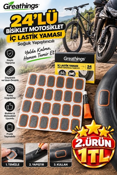 Greathings 24'lü Bisiklet Motosiklet İç Lastik Yama Seti Soğuk Yama Yapıştırı...