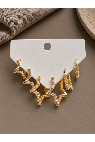 serelya Gold Color Zircon Stone Brass Star Model Women's Earring Set