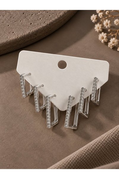 serelya Silver Color Zircon Stone Brass Square Model Women's Earring Set