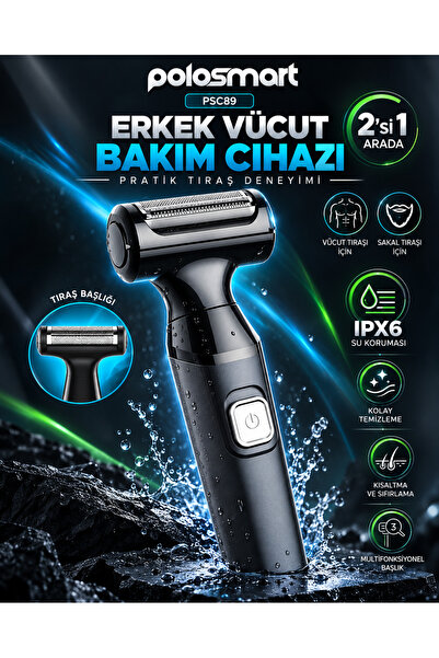 Polosmart Erkek Vücut Bakım Cihazı – 2’si 1 Arada, IPX6 Su Koruması, Islak & ...