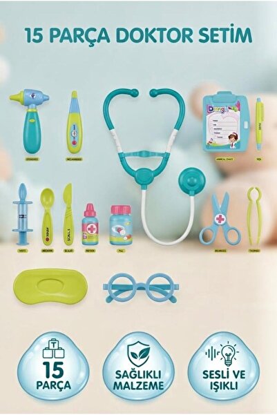 Tıfıl Toys 15 Parça Doktor Seti Işıklı Sesli Stetoskoplu Oyuncak Doktor Seti Eğitici Rol Oyunu Hastane Seti