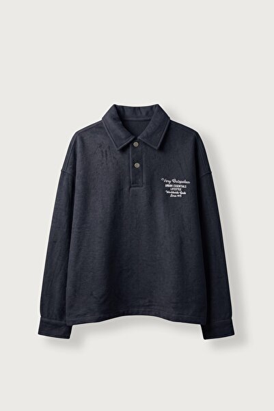 ablukaonline Men's Boxy Fit Basic Embroidered Polo Collar Sweatshirt Navy Blue