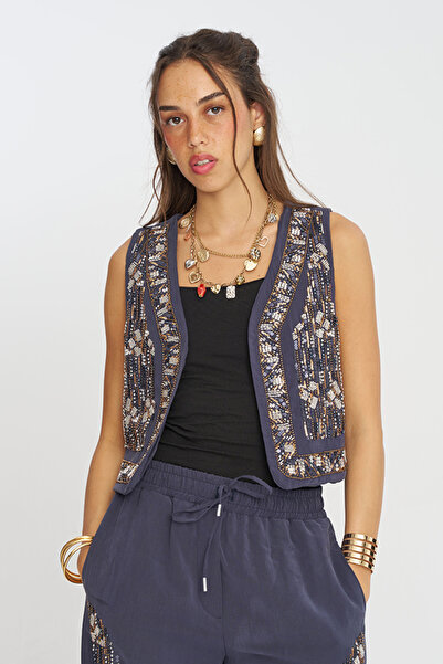 Orfeo Negro Women's Stylish Vest with Sequin and Bead Embroidery on the Front...