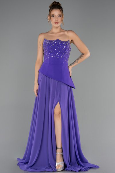 Abiyefon Mor Taşlı Straplez Peplum Yırtmaçlı Uzun Şifon Abiye ABU6018