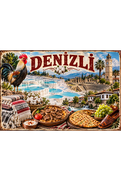 Lucena Denizli Pamukkale tematski retro metalni zidni znak, dekorativna vinta...