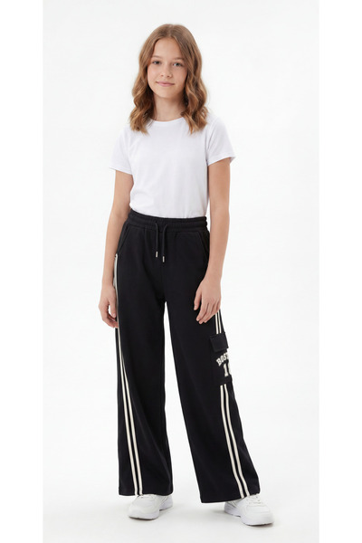 Mışıl Kids Palazo Long-Cut Cargo Pants with Pockets and Striped Sides, Printe...