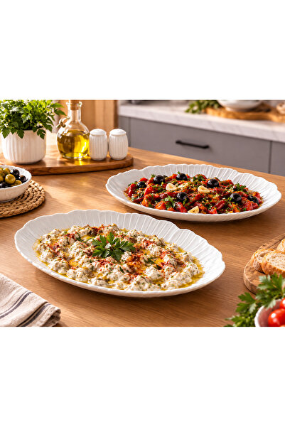 umut züccaciye 2Lİ Porselen Kabartmalı 30cm Beyaz Meze ve Salata Sunum Oval Kayık Tabak seti