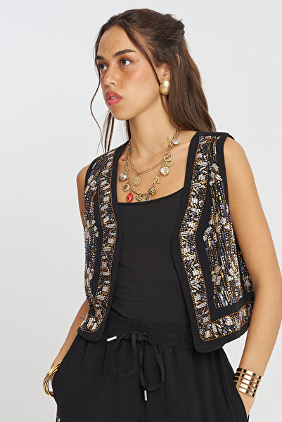 Orfeo Negro Women's Stylish Vest with Sequin and Bead Embroidery on the Front...