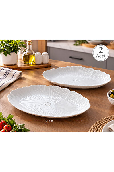 umut züccaciye 2Lİ Porselen Kabartmalı 30cm Beyaz Meze ve Salata Sunum Oval Kayık Tabak seti
