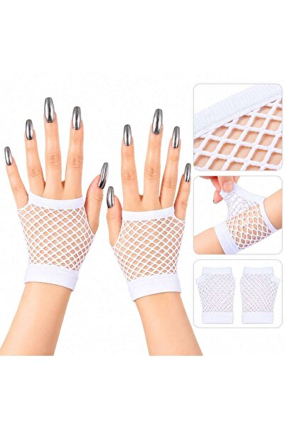 inci tasarım45 White Short Mesh Fingerless Gloves - Costume and Party Gloves
