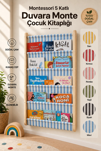 EverAlpina Montessori Duvara Monte Ahşap Çocuk Kitaplığı Kumaş Cepli Kitap Dü...
