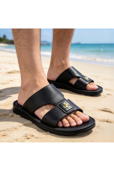 Almajeed Store Amity Men's Leather Slide Sandals with Golden Horse Ornament, ...