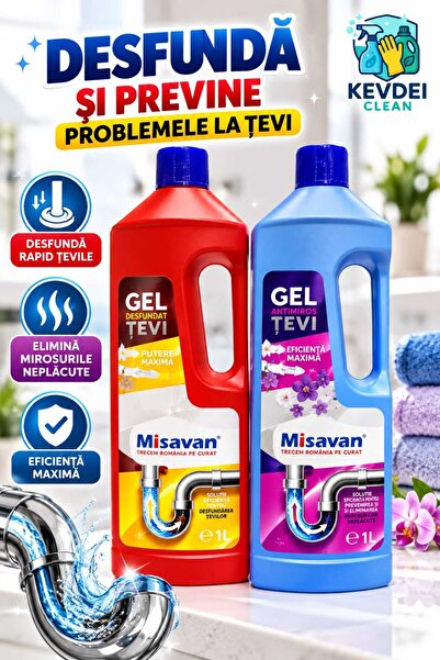 Misavan Set Gel Desfundat Țevi + Gel Antimiros Țevi, 2 x 1L – Desfundare Rapi...