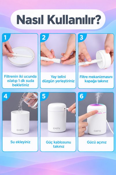 CASTU 300 ml Ulrasonik Ledli Hava Nemlendirici Buhar Makinesi Ve Aroma Difüzörü