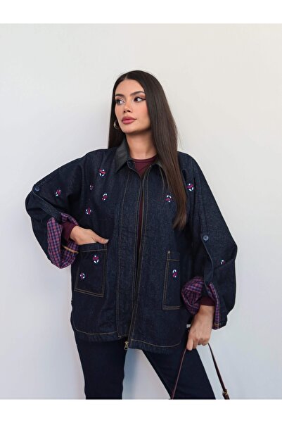 ESRAHELVACI Deri Yaka Nakışlı Denim Ceket