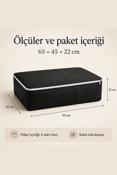 HURCEVİM 6'lı Büyük Boy Baza Altı Hurç 65x45x22 cm Siyah Kalın Tela Kumaş Fermuarlı Saklama Çantası