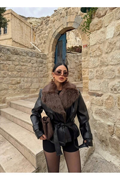 kırmızı butiks Brown Fur Collared Leather Coat