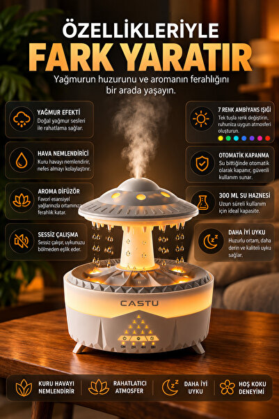 CASTU Ultrasonik Hava Nemlendirici Buhar Makinesi Ve Aroma Difüzörü Işıklı Terapi Aromatik Koku Verici